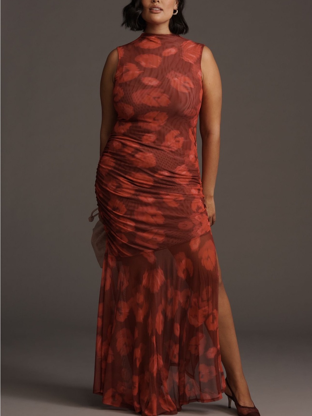 Saemdi - Anthropologie Burnt Orange Floral Mock-Neck Sheer Maxi Dress plus 2X 3X
